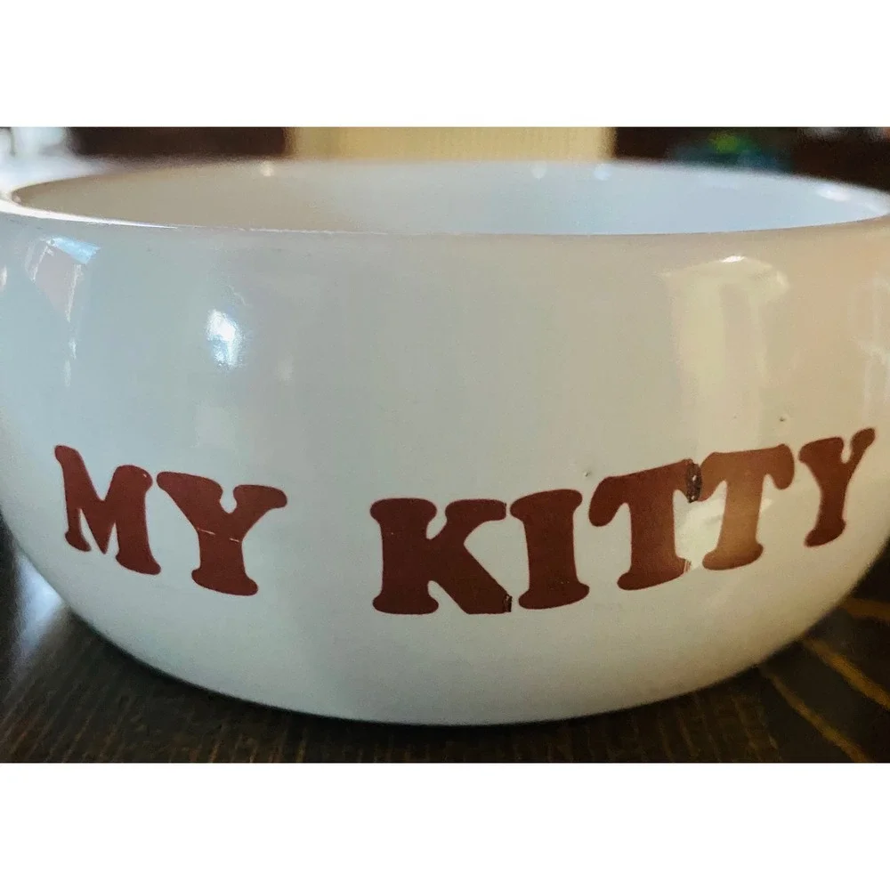 Vintage Ceramic Cat Bowls Set of 2 My Kitty White Burgundy Brown Stoneware